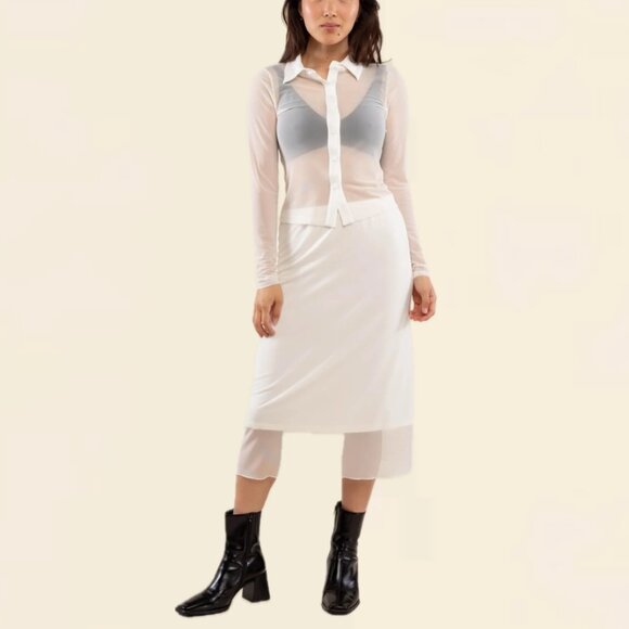 (NWOT) NLT Collared Mesh Sheer Button-Down Long Sleeve Blouse (White) - Picture 4 of 14